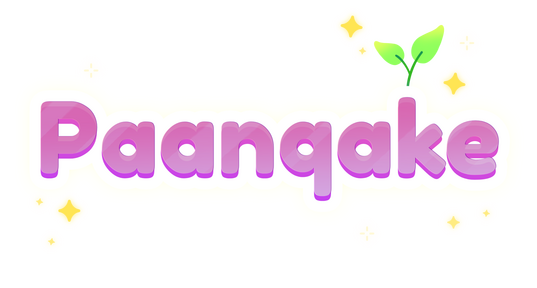 Paanqake logo, pronounced pancake. Pink and purple colors with gold sparkles and a green plant sprout coming out of the k.