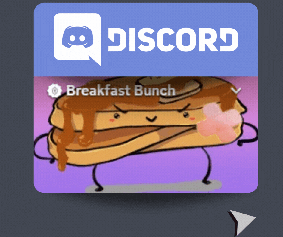 Discord Banner for the Breakfast Bunch Discord. it contains the Discord logo and a drawing of a stack of pancakes with a face. There is an animated click mouse.